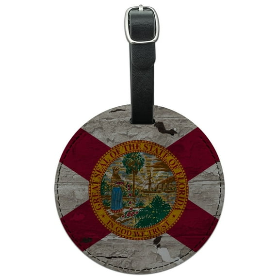 Rustic Florida State Flag Distressed USA Round Leather Luggage Card Suitcase Carry-On ID Tag