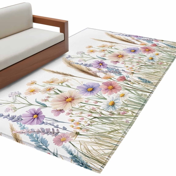 Rustic Flower Area&nbsp;Rug 2.7x5ft Watercolor Colorful Floral Green Leaf Plant Non-Slip&nbsp;Washable Square&nbsp;Rugs Soft Felt Indoor Floor Mat for Bedroom Kitchen Living Room Bathroom