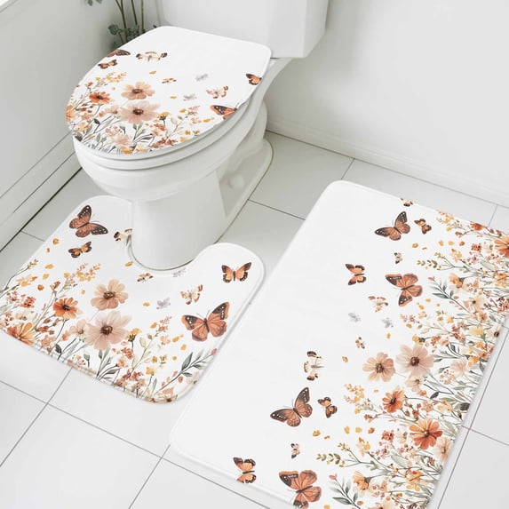 Rustic Flower Bathroom Rugs Set Watercolor Butterfly Plant Non Slip Absorbent Soft Bath Mats 3 Piece Set with Bathroom Rug, U-Shaped Floor Mat, Toilet Seat Cover Small Size