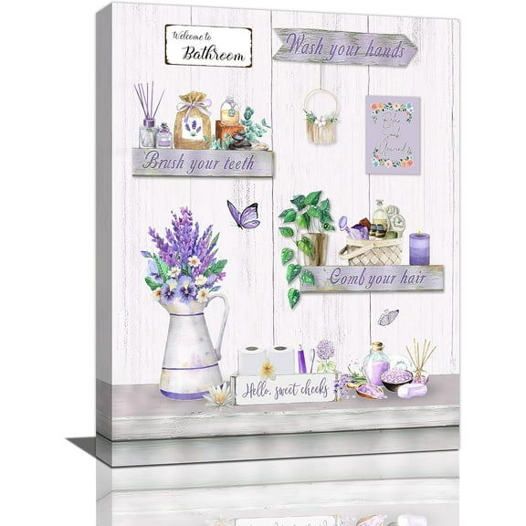 Rustic Flower Bathroom Wall Art Farmhouse Purple Canvas Wall Decor Country Floral Lavender and Butterfly Pictures Painting Soak Relax Unwind Artwork Framed for Bathroom Bedroom Living Room 12"x16"