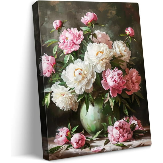 Rustic Flower Canvas Wall Art Vibrant Peony Bouquet Dark Tones Highlighting Pink and White Flowers Oil Painting Prints Vintage Artwork for Living Room Bathroom Decor Framed 12x16in