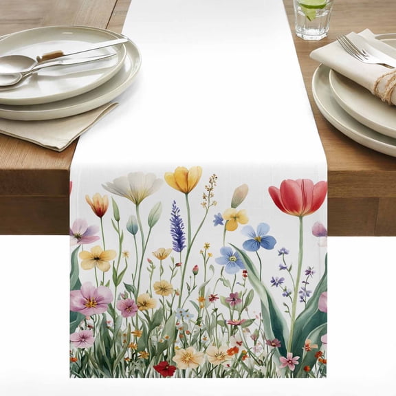 Rustic Flower Cotton Linen Table Runner Blossom Plant Wildflower Nature Botanical Dining Table Runners for Home Decor Party Dining Room Restaurant Kitchen 13" x 48"
