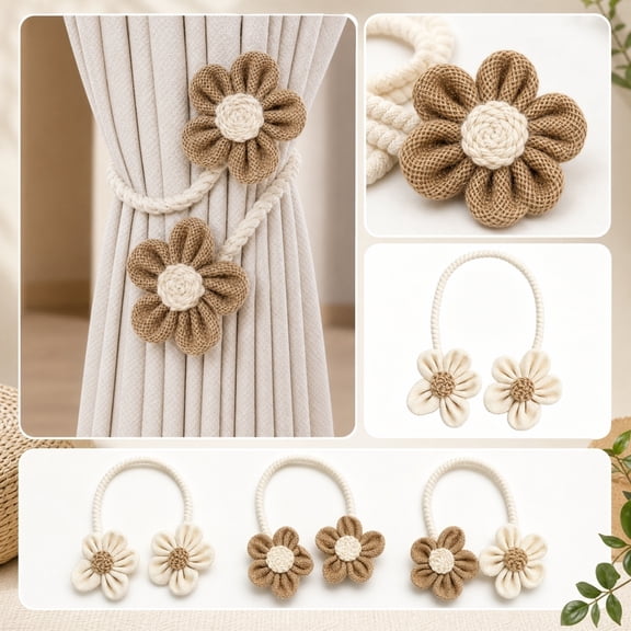 Rustic Flower Curtain Tiebacks 2-Pack, Farmhouse Hand-Woven Decorative Drapery Holdbacks, Boho Jute Rope Window Treatment Ties for Home Decor