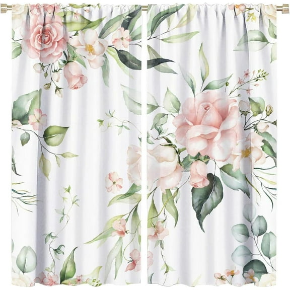 Rustic Flower Curtains Watercolor Pink Floral Green Leaves Natural Pattern Blackout Print Rod Pocket Window Drapes for Bedroom Living Room 42x54in