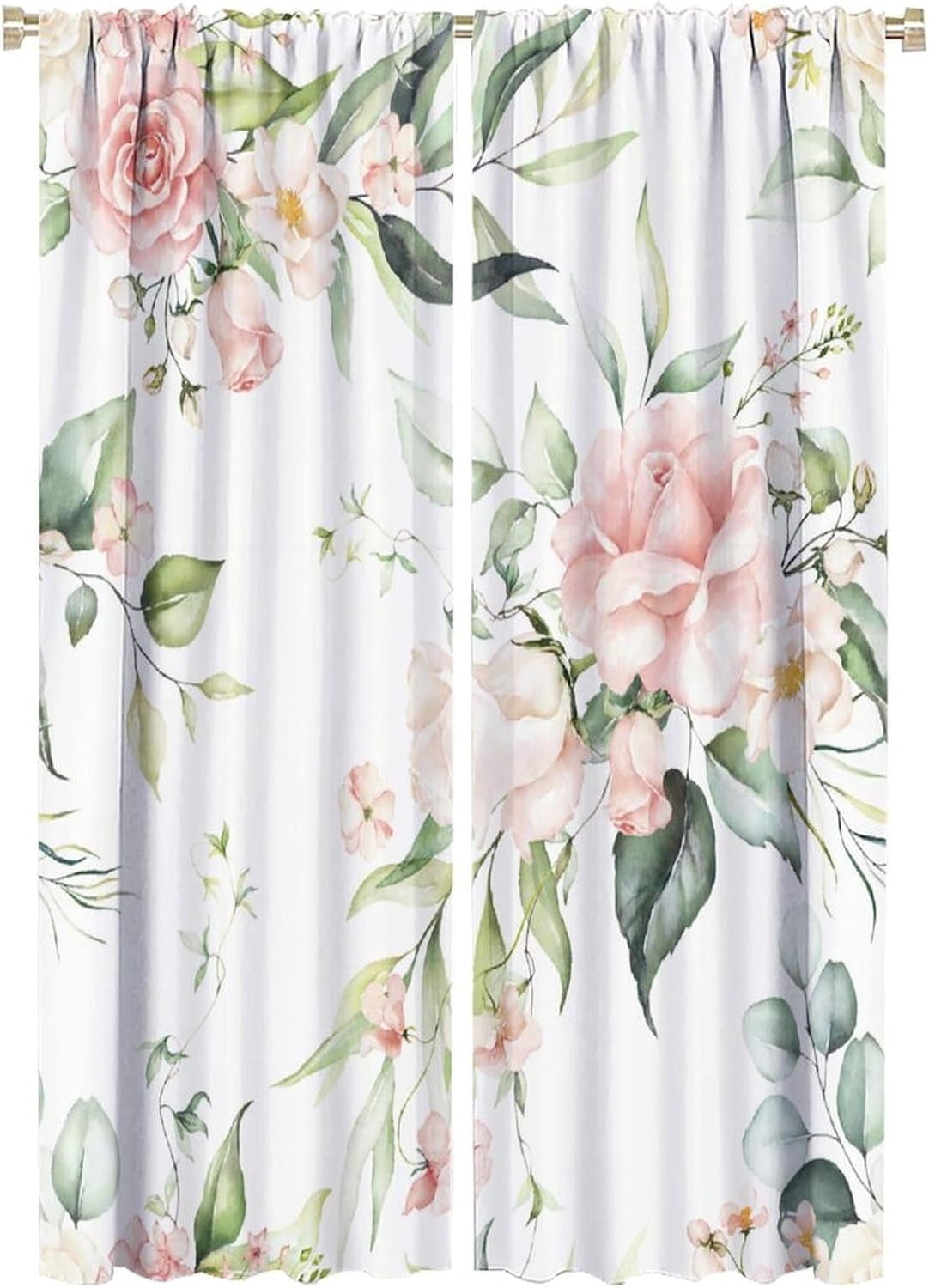 Rustic Flower Curtains Watercolor Pink Floral Green Leaves Natural Pattern Blackout Print Rod Pocket Window Drapes for Bedroom Living Room 52x84in