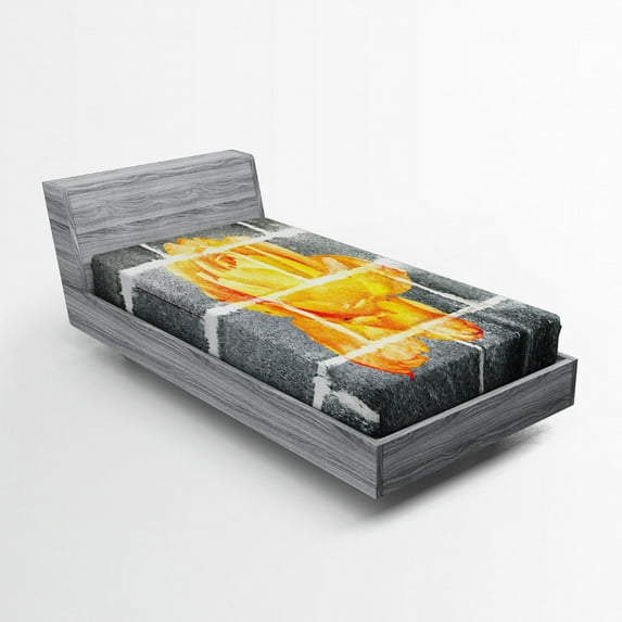 Rustic Flower Fitted Sheet, Trippy Modern Graffiti with Rose Petals on the Brick Wall Urban City Life, Soft Decorative Fabric Bedding, Twin Size, Grey Orange, by Ambesonne