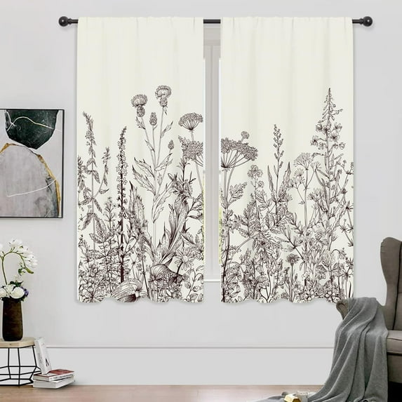 Rustic Flower Floral Plant Curtains Black White Leaf Rod Pocket Vintage HerbsWomen Wildflower Blossom Botanical NatureClassic Bedroom Living Room Treatment Fabric 2 Panels 42 x 63 Inch