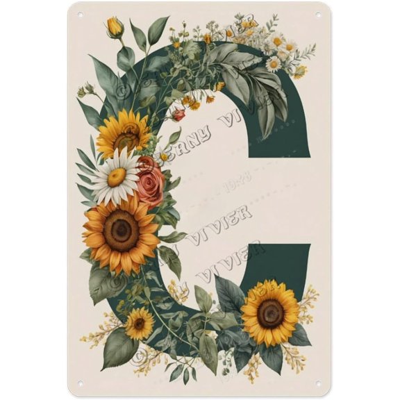 Rustic Flower Initial C Metal Sign Alphabet Tin Wall Art for Craft Room, Reading Nook, Boho Bedroom Personalized Floral Gift for Ladys, Moms, Teachers 8x12 inch