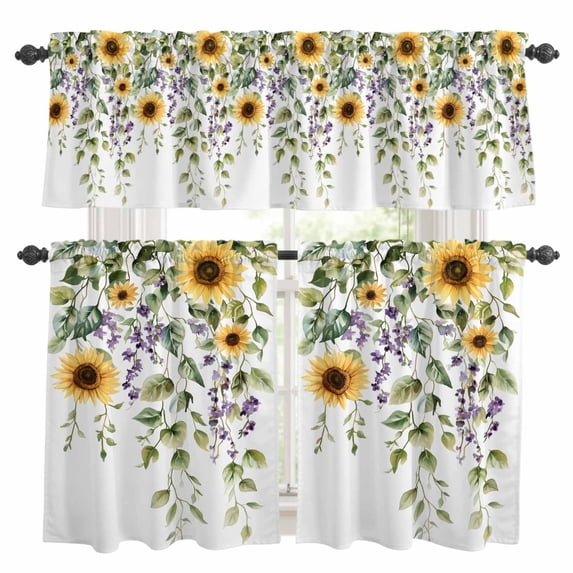 Rustic Flower Kitchen Curtains Valances and Tiers Set of 3 Watercolor Yellow Sunflower Purple Floral Green Leaf Plant Tier Curtains and Valance with Rod Pocket for Small Windows, 27.5"x36"