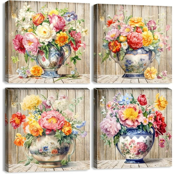 Rustic Flower Pictures Wall Decor Peony Floral Wall Art for Bedroom Living Room Farmhouse Ceramic Vase Wooden Background Wildflower Chinoiserie Painting Canvas Artwork Home Decorations 12x12 4 Pcs