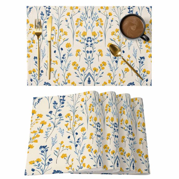 Rustic Flower Placemats Set of 4, Watercolor Yellow Blue Floral Vintage Leaf Linen Texture Non-Slip Place Mats Washable Table Mats for Kitchen Dining Table Decorations Indoor/Outdoor