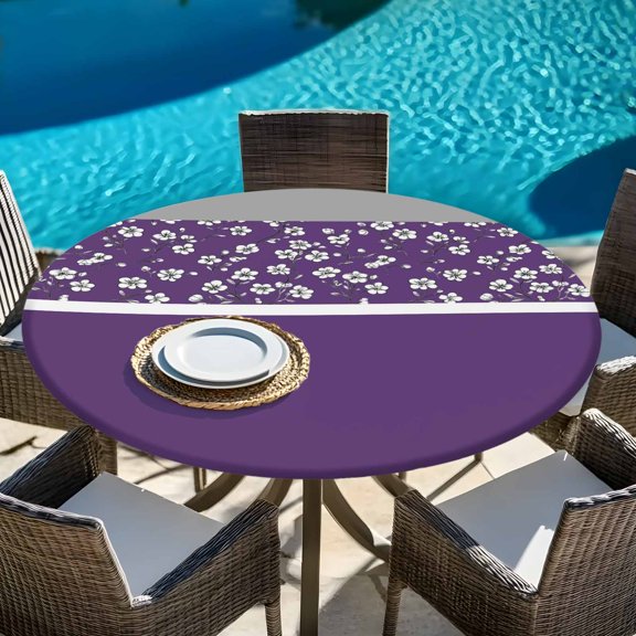 Rustic Flower Purple Gray Stitching Art Round Fitted Tablecloth with Elastic Edge,Waterproof Table Cloth Fits 45"-54" Tables,Wipeable Table Cover for Indoor Outdoor Dinning,Blossom Floral Pattern