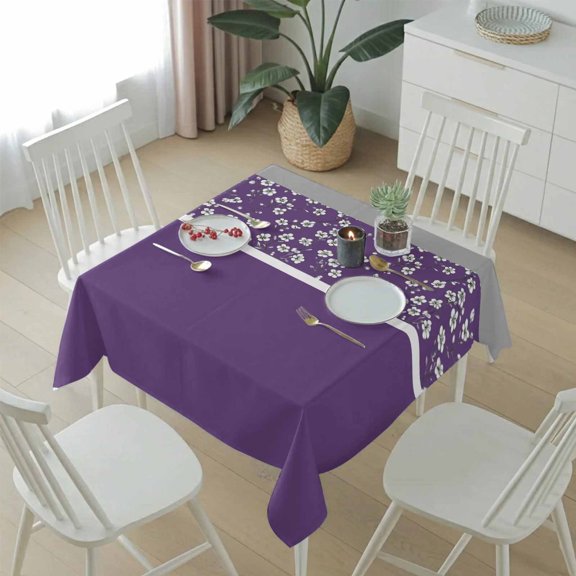 Rustic Flower Purple Gray Stitching Art Table Cloth 54x54in, Waterproof Square Tablecloth Wipeable Tablecloths Blossom Floral Pattern Table Covers for Dining Tables Party Indoor Outdoor