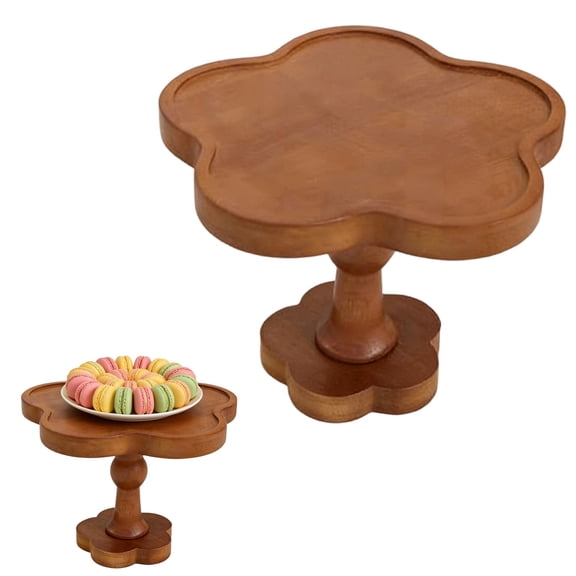 Rustic Flower-Shaped Wood Cake Stand – Acacia Wood Dessert Riser, Multi-Use Serving Tray, Farmhouse Cake Pedestal, Home & Event Food Display Holder
