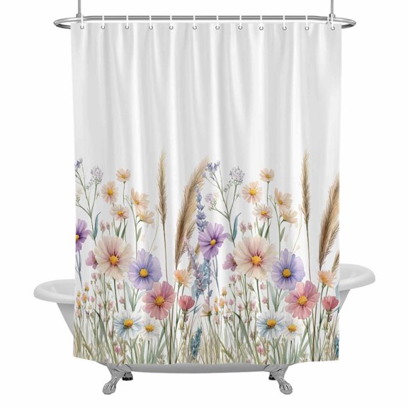 Rustic Flower Shower Curtain for Bathroom, Watercolor Colorful Floral Green Leaf Plant Waterproof Cloth Fabric Bathroom Accessories Set with 12 Rust Proof Plastic Hooks, 36"x78"