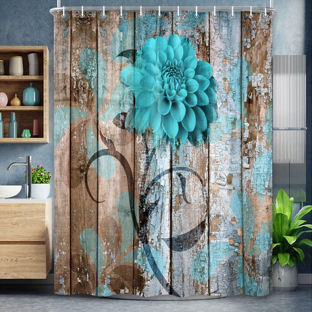 Rustic Flower Shower Curtain, Teal Floral Barn Wood Farmhouse Shower Curtain Set, Country Turquoise Blue Brown Fabric Shower Curtain with Hooks, Boho Bathroom Curtain,60X70in