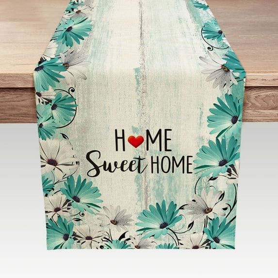 Rustic Flower Table Runner 13"X72", Farmhouse Style Teal Gray Floral Linen Table Decor for Kitchen Dining Room Coffee Table