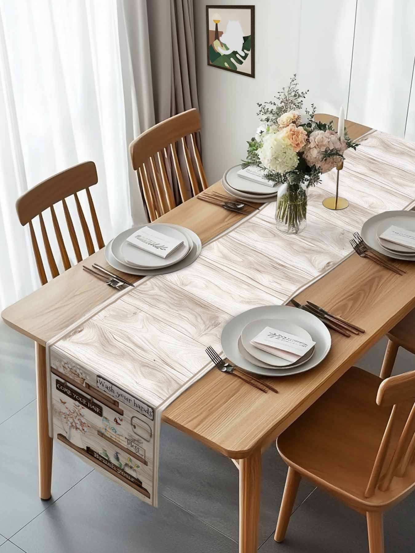 Rustic Flower Wood Butterfly Bottle Table Runner 90 Inches Long, Bathroom Text Theme Table Runners Tabletop Scarf Kitchen Dining Tables Decoration for Home Party Indoor Outdoor