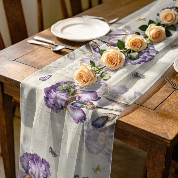 Rustic Flowers 10 ft Cheesecloth Table Runner for Wedding 27"x120", Spring Purple Iris Butterfly Floral Newspaper Texture Kitchen Dinner Sheer Tulle Chiffon Dresser Scarf, Holiday Party Decorations