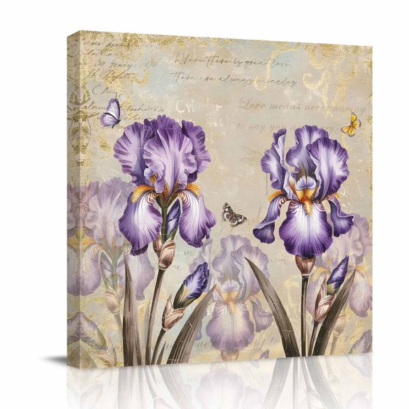 Rustic Flowers Canvas Wall Art for Living Room, Spring Purple Iris Butterfly Floral Old Newspaper Texture Poster Print Painting for Bedroom Office Home Decoration Wall Pictures Prepare To Hang 8"x8"