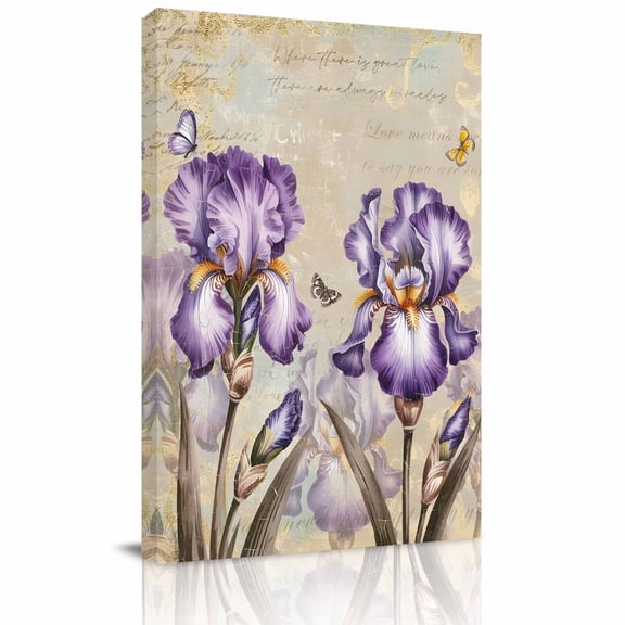 Rustic Flowers Canvas Wall Art for Living Room, Spring Purple Iris Butterfly Floral Old Newspaper Texture Poster Print Painting for Bedroom Office Home Decoration Wall Pictures Prepare To Hang 8"x12"