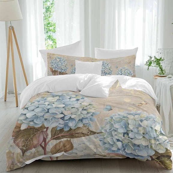 Rustic Flowers Duvet Cover Set Queen Size, Spring Blue Hydrangea Butterfly Floral Old Newspaper Texture 4 Piece Soft Microfiber Bedding Set with 1 Duvet Cover, 1 Flat Sheet, 2 Pillowcases