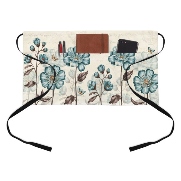 Rustic Flowers Half Waist Apron Spring Teal Tulip Butterfly Vintage Floral Newspaper Texture Short Waiter Aprons with 3 Pockets for Women Men Kitchen Restaurant Cooking