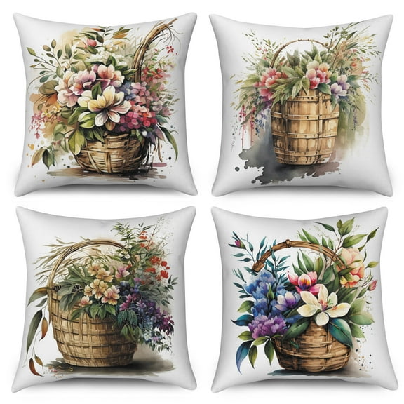 Rustic Flowers Linen Throw Pillow Covers,Set of 4 18x18 Inch,Flower Basket Cushion Cases for Home Decor Living Room