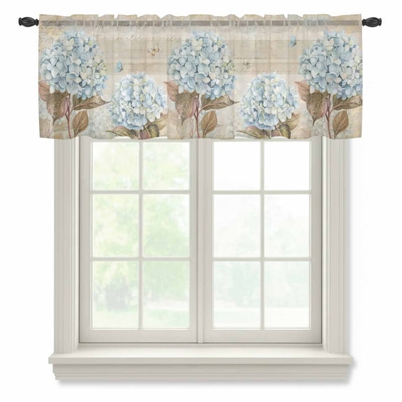 Rustic Flowers Semi Sheer Valance Curtains Spring Blue Hydrangea Butterfly Floral Old Newspaper Texture Voile Valances Curtain Rod Pocket Small Window Treatment for Kitchen Bathroom Cafe 60"x18"