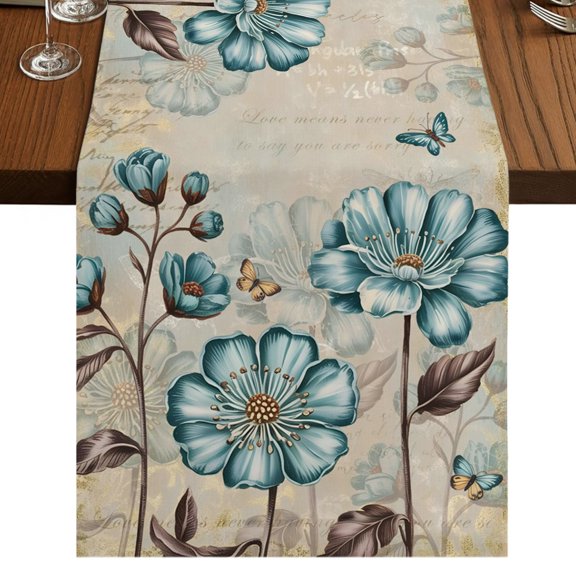 Rustic Flowers Table Runner 36 Inches Long, Spring Teal Tulip Butterfly Vintage Floral Old Newspaper Texture Cotton Linen Dining Table Runner Dresser Scarves for Home Kitchen Party Decor 13"x36"