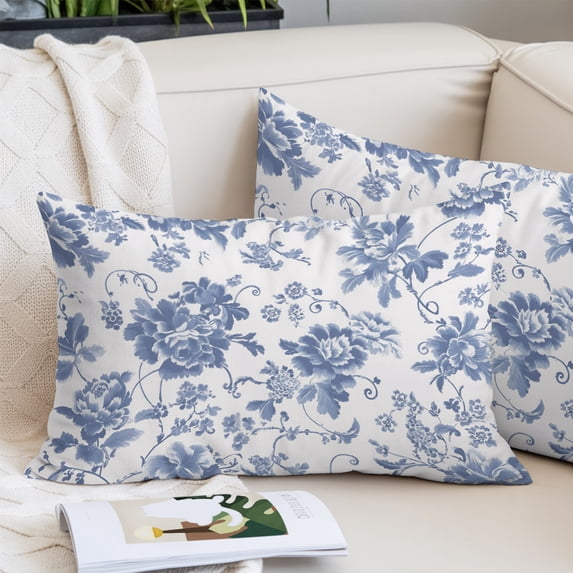 Rustic Flowers Throw Pillow Cover,Pillowcase Protectors with Zipper,Breathable Decorative Lumbar Pillow Case Cover,Blue Pastoral Botanical Vintage Floral Leaves Pillow Shams for Couch Sofa 12x20Inch