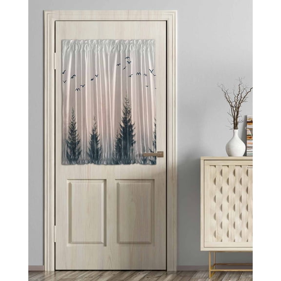 Rustic Foggy Forest Blackout Door Curtains for French, Glass,Front, Back, Patio Door, Watercolor Trees Birds Landscape Thermal Insulated Rod Pocket Window Curtain Drapes With Tiebacks 54"x40"