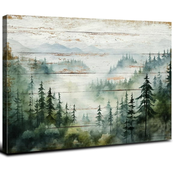 Rustic Foggy Forest Canvas Wall Art Nature Landscape Picture for Living Room Wood Grain Prints Artwork Vintage Pine Trees Misty Mountain Painting Modern Artwork Bedroom Bathroom Home Decoration 12x16"