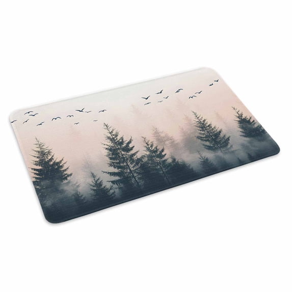 Rustic Foggy Forest Doormat Outdoor Entrance 24"x36", Watercolor Trees Birds Landscape Absorb Moisture Dirt Door Mats, Non-Slip Rubber Backing Floor Mats Indoor, Low-Profile Front Door Rugs