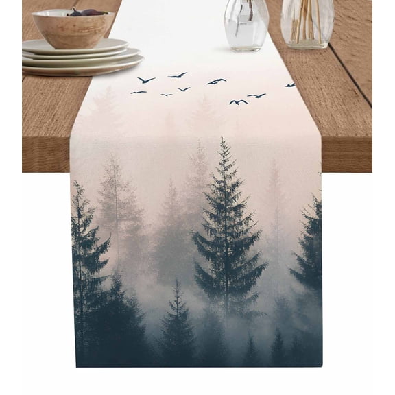 Rustic Foggy Forest Table Runner 36 Inches, Watercolor Trees Birds Landscape Bed Runner Dresser Scarves Tabletop for Indoor Outdoor Parties/Ceremony/Banquet, 13"x 36"