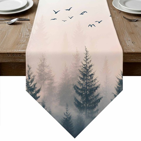 Rustic Foggy Forest Table Runner Linen Burlap Table Runner 36 Inches Small Watercolor Trees Birds Landscape Dresser Scarves for Kitchen Island Coffee Dining Party Wedding Holiday Decor 13"x36"