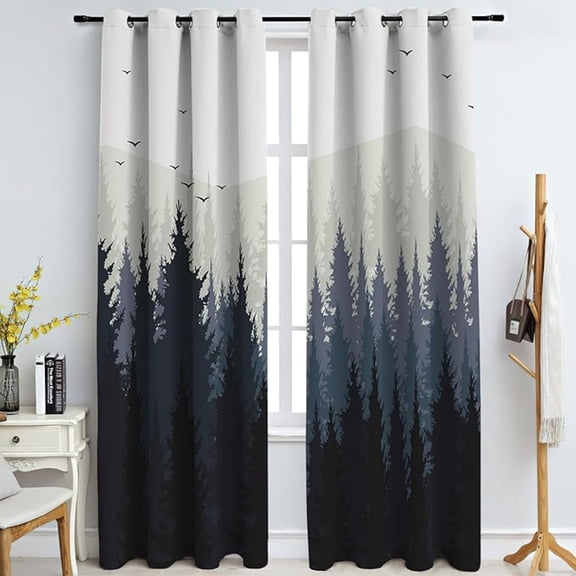 Rustic Foggy Mountain Forest Silhouette Window Curtain, Pine Trees Nature Scenery Blackout Curtains for Bedroom, Grommet Window Treatments for Bedroom Living Room Patio 26"W x 63"L (Pack of 2)