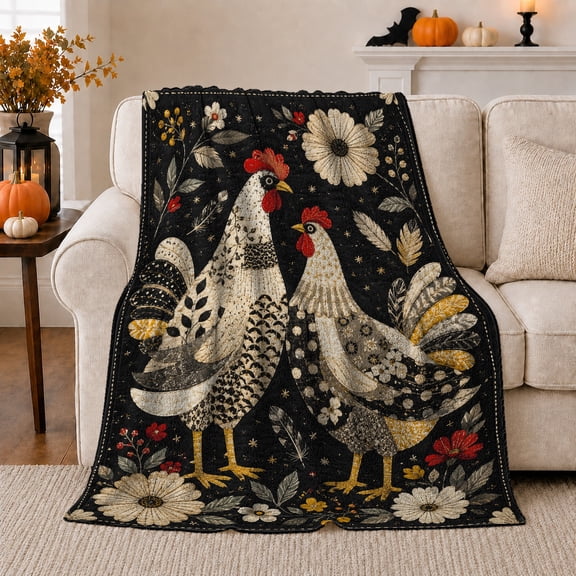 Rustic Folk-Art Chickens Patchwork Patterns, Rustic Botanical Portrait, Warm Flannel Blanket for Ranch House and Living Room, Animal Lovers Birthday Gift, Rustic Home Decor