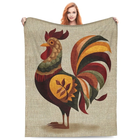 Rustic Folk Art Rooster Throw Blanket, Primitive Country Design, Warm Earth Tones Soft Flannel Fleece for Cabin Lodge Decor 50x40