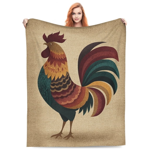 Rustic Folk Art Rooster Throw Blanket, Primitive Country Design, Warm Earth Tones Soft Flannel Fleece for Cabin Lodge Decor 60x50