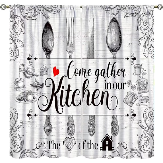 Rustic Food Kitchen Curtains, Vintage Cooking Sign Kitchen Wall Decor Farmhouse Retro Vegetable Cafe Curtains Beige Brown Dining Room Window Drapes 2 Panels 84W x 84H Blackout