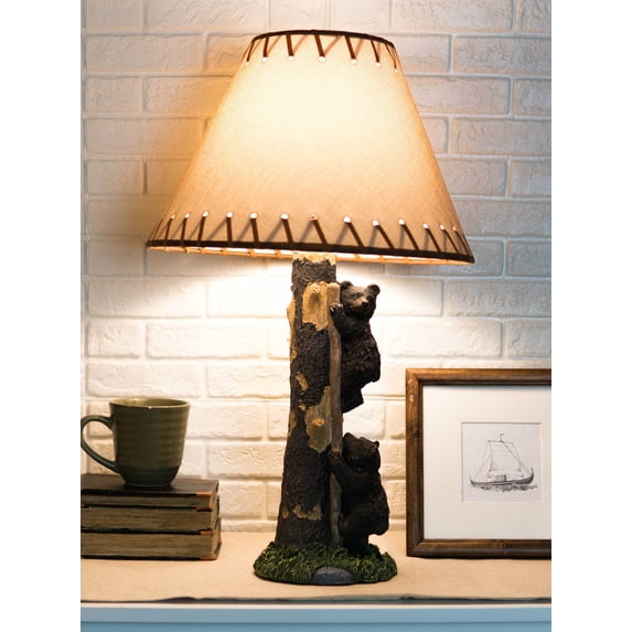 Rustic Forest 2 Bear Cubs Climbing Tree Ladder Table Lamp Statue with Shade 23"H