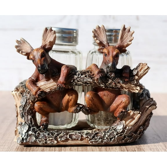 Rustic Forest 2 Elk Moose Dangling On Tree Branch Salt And Pepper Shakers Holder