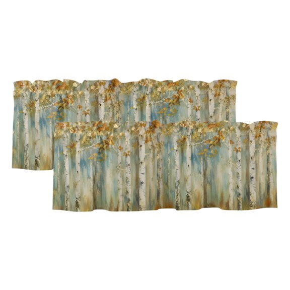 Rustic Forest 2 Panels Kitchen Valance, Boho Muted Gold Tree Birch Trunks Golden Canopy Curtains Valances for Small Windows Rod Pocket Window Treatments for Living Room Bedroom 42"W x 12"L