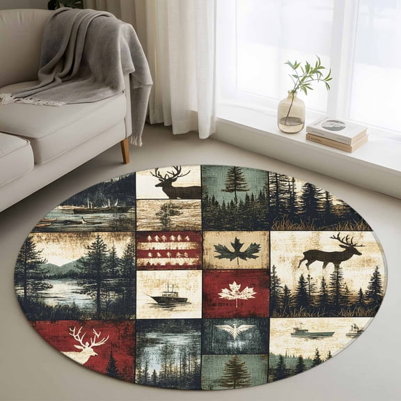Rustic Forest 3ft Area Rug, Reindeer Pine Tree Nautical Boat Retro Washable Non-Slip Small Round Rugs for Entryway Bedroom Kitchen, Soft Circle Carpet for Dining Room, Playroom Nursery Rug