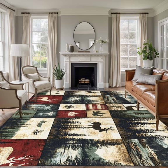 Rustic Forest 6'x9' Area Rug for Living Room, Reindeer Pine Tree Nautical Boat Retro Non-Slip Floor Mat Rugs for Bedroom Dining Room, Indoor Large Carpet for Classroom, Nursery Rugs for Playroom