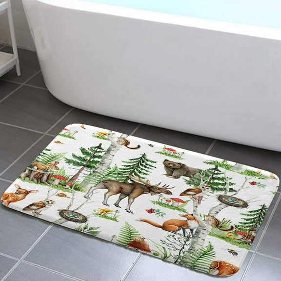 Rustic Forest Bath Rugs, Rustic Lodge Forest Cabin Bathroom Curtains Country Hunting Bath Rugs, Wild Animal Bear Moose Deer Fox in Forest Bathroom Accessories, 17X29in