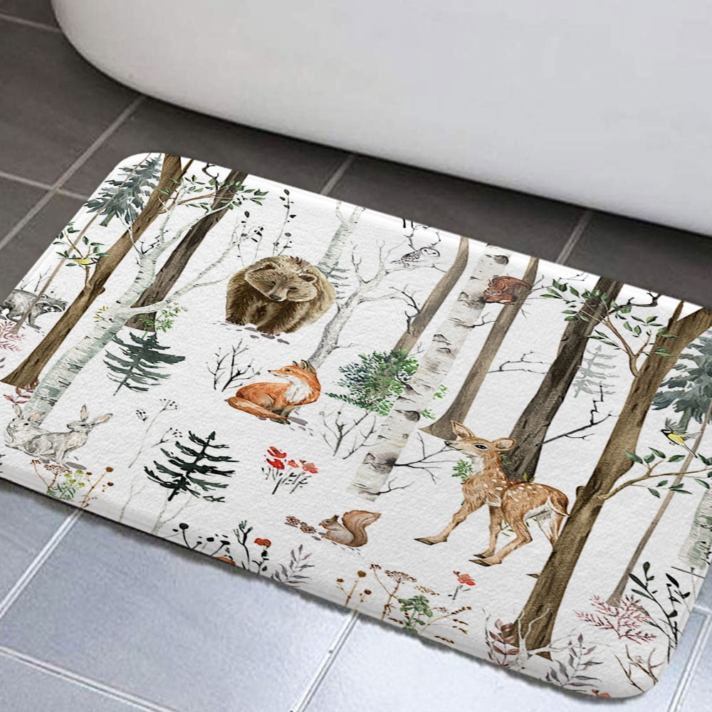 Rustic Forest Bathroom Rug Mat, Country Hunting Bear Deer Wild Animals Farmhouse Lodge Country ...