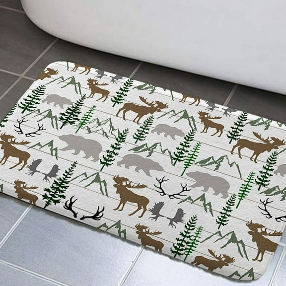 Rustic Forest Bathroom Rugs, Rustic Lodge Forest Cabin Bathroom Rugs Set Country Hunting Non-Slip Bath Rugs, Wild Animal Bear Moose Deer in Forest Bathroom Rug Mat 17x29inch