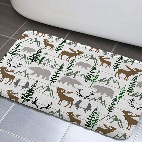 Rustic Forest Bathroom Rugs, Rustic Lodge Forest Cabin Bathroom Rugs Set Country Hunting Non-Slip Bath Rugs, Wild Animal Bear Moose Deer in Forest Bathroom Rug Mat 19X31inch